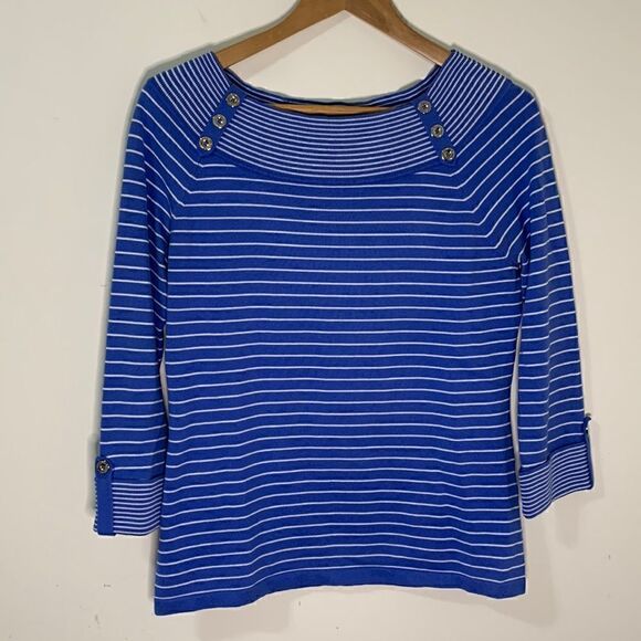 JONES NEW YORK Signature Blue and White Striped Cotton Sweater Size Medium - Picture 1 of 6